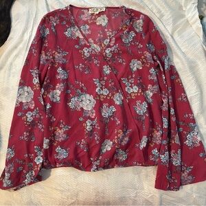 Pink Rose Floral V-Neck Blouse - Red